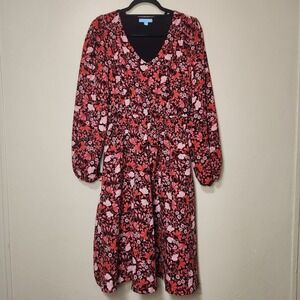 Draper James Red Floral Midi Dress Cinched Waist Womens Size Small